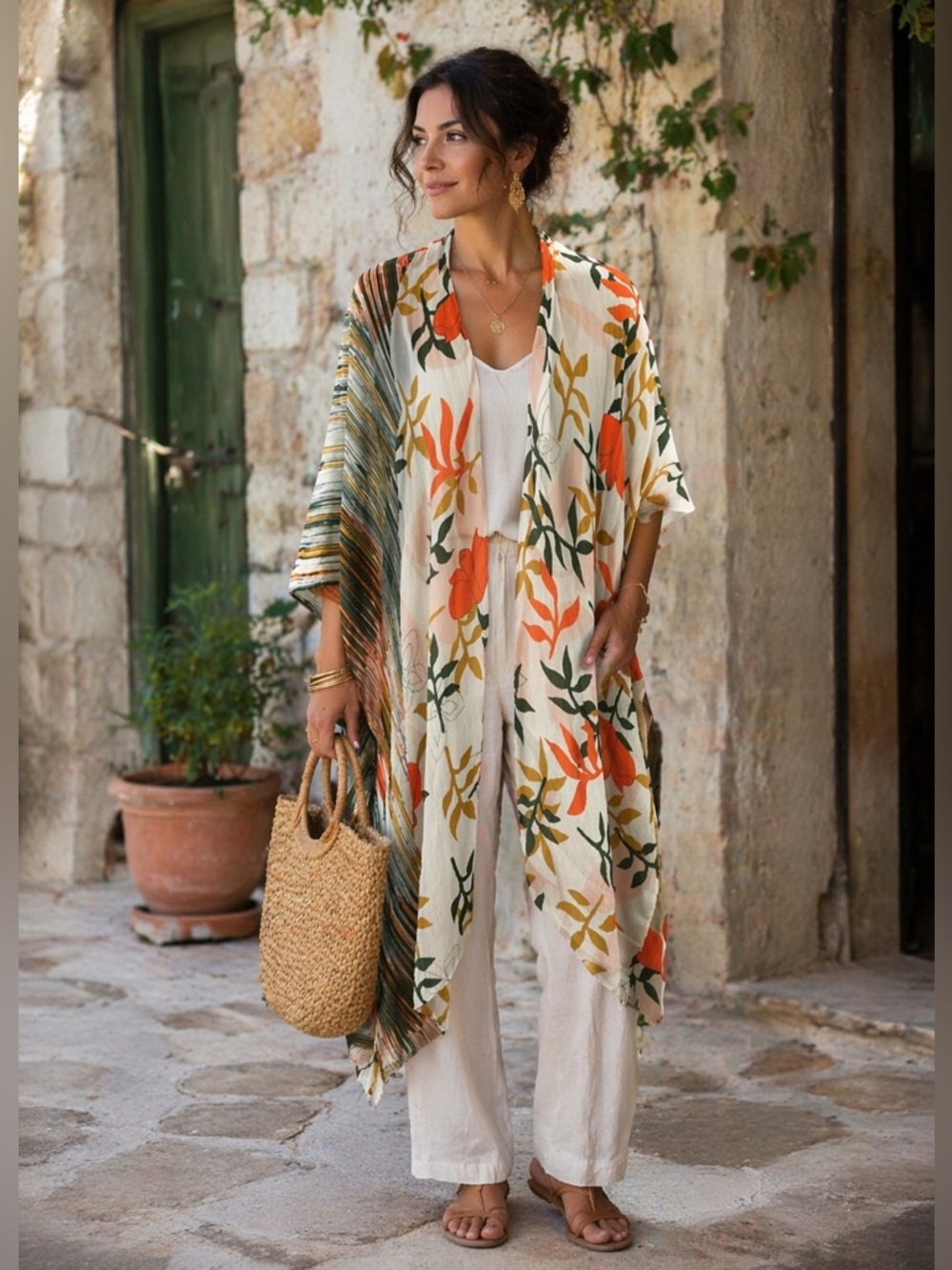 ELU Women's Floral Gauze Open-Front Off White Orange Green Swim Coverup Onesize